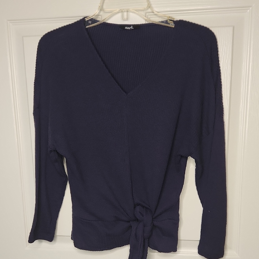 mark. Women's 100% Cotton Navy/Royal Blue 3/4 Sleeve Tie-Front Top Size XS